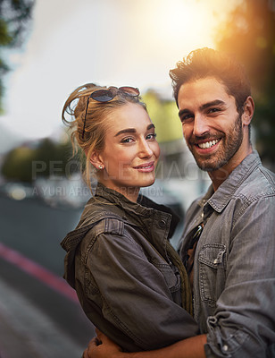 Buy stock photo Shot of a young couple out in the city