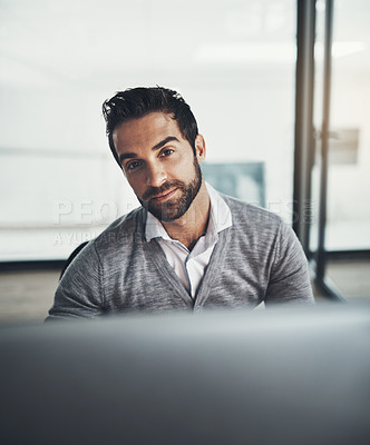 Buy stock photo Man, computer and online in office portrait, administration and check emails for communication. Male person, employee and website for social media planning, feedback report and proposal on project