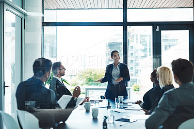 Buy stock photo Meeting, pitch and business people in office with woman, b2b and development plan. Proposal, opportunity and finance team in conference room together for advice, support and sales growth ideas