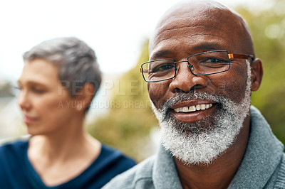 Buy stock photo Love, happy senior couple and outdoors together in the park. Retirement or marriage bonding, support or commitment and married elderly man with wife on a romantic outdoor date or walk for fresh air 