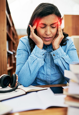 Buy stock photo Woman, student and headache with books in library, education and knowledge study for learn university female person. Burnout, anxiety and mental health for research assignment, frustrated and project