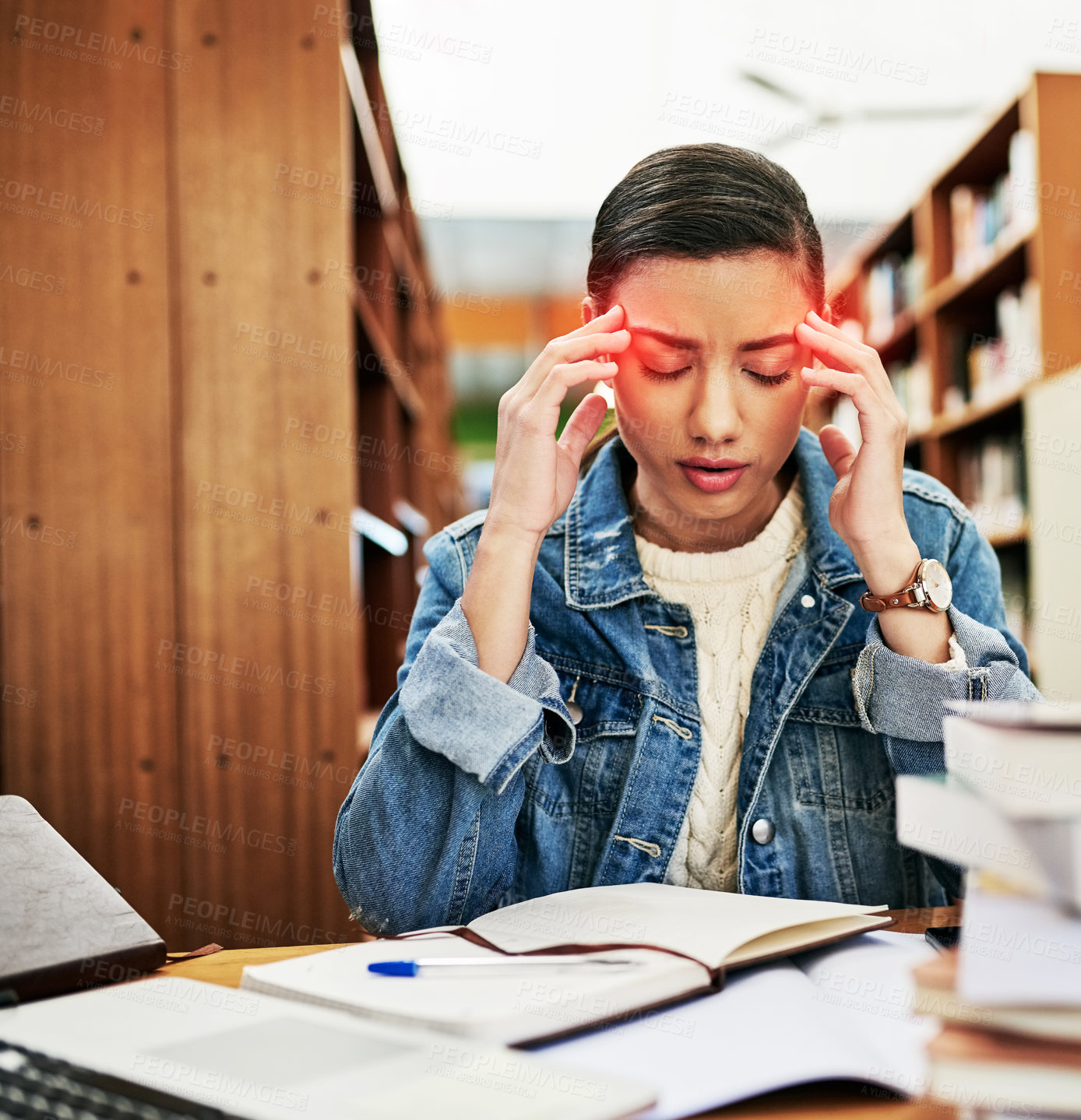 Buy stock photo Woman, learner and stress in library with book, education and knowledge with headache, overlay or red glow. Burnout, anxiety and mental health with research assignment, frustrated and project crisis