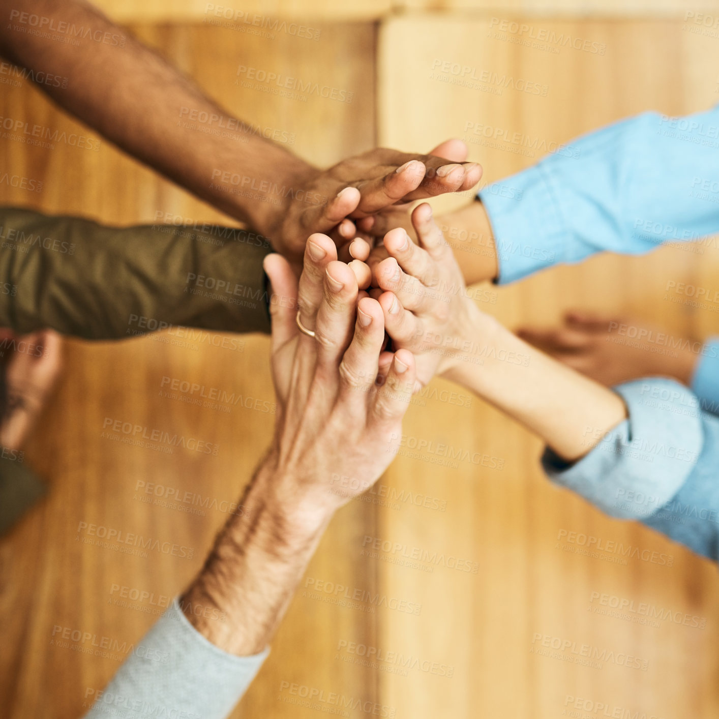 Buy stock photo Above, people and high five for teamwork at library for education with unity, support and trust. University students, people and hands together for collaboration on group work for assignment above