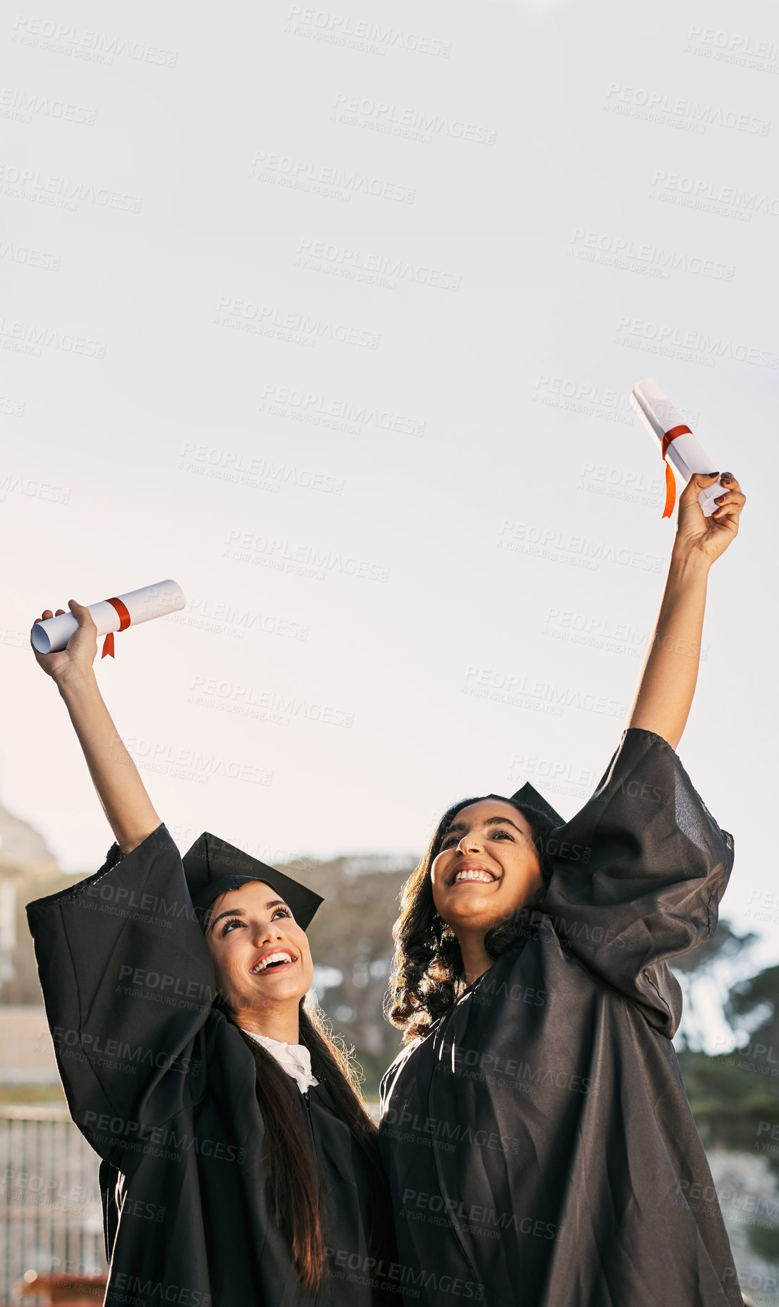 Buy stock photo Happy woman, friends and graduation with certificate for celebration, achievement or milestone at university. Young, female person or students with smile for degree, scholarship or qualification