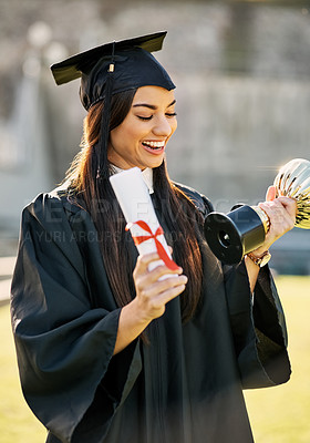 Buy stock photo Graduation, student or woman with trophy or diploma outdoor for degree ceremony, achievement and excited. College graduate, person and scholarship success with academic milestone or certificate event