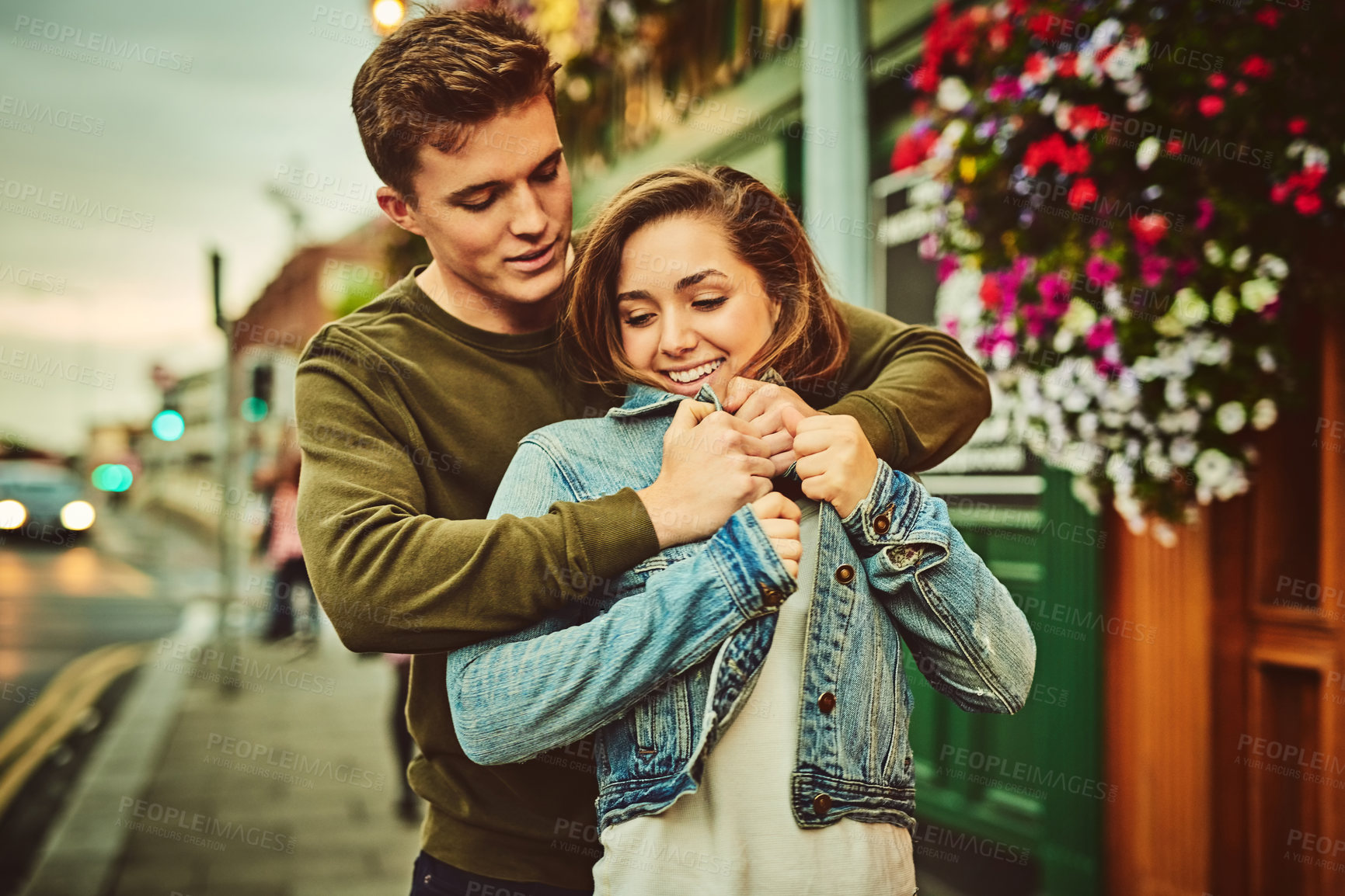 Buy stock photo Couple, hug and love in city for vacation, date and relationship together with loyalty, trust and care. Man, woman and holiday for connection, bonding and romance as partner with travel in London