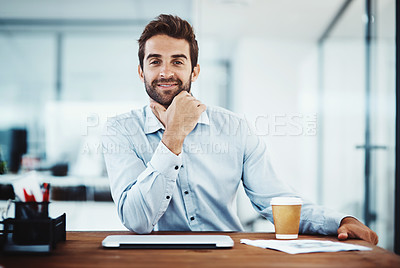 Buy stock photo Portrait, businessman and laptop at office desk for work, digital project and trading. Employee, smile and computer for data update, website strategy and research innovation with coffee for beverage