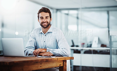 Buy stock photo Laptop, confidence and portrait of businessman in the office doing research online on the internet. Technology, corporate and professional male employee working on project with computer in workplace.