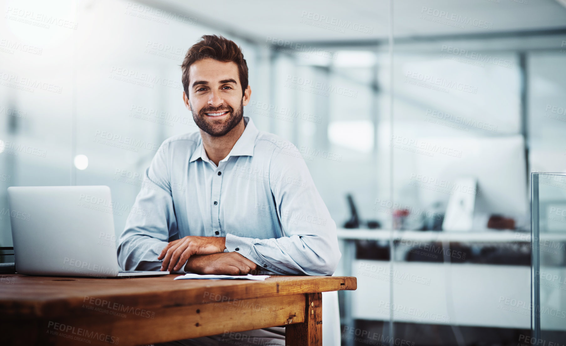 Buy stock photo Laptop, confidence and portrait of businessman in the office doing research online on the internet. Technology, corporate and professional male employee working on project with computer in workplace.