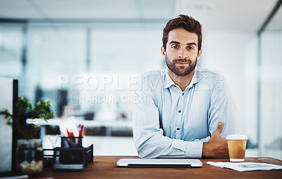 Buy stock photo Business man, portrait and human resources in office, employee and ready for job interview pov. Male person, hr manager and agent to recruit in workplace, confident and consultant for hiring at desk