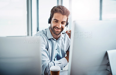 Buy stock photo Call center, employee and man with telemarketing, customer service or communication in the workplace. Male person, consultant or agent with headphones, help and advice with tech support or consulting