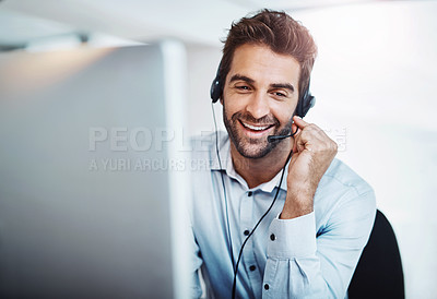 Buy stock photo Telemarketing, agent and man with a smile, call center and conversation with advice, help and customer service. Male person, happy employee and consultant with headphones, tech support and connection
