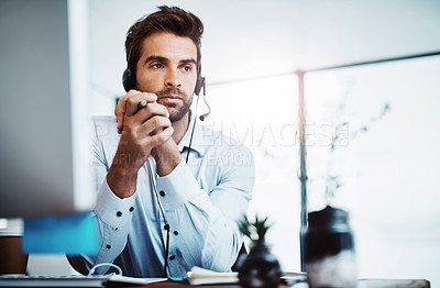 Buy stock photo Thinking, advisor or businessman in telemarketing call center consulting or communication for loan advice. Finance, solution or virtual assistant on computer for online support on headset in office 