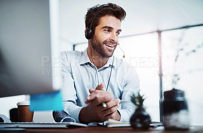 Buy stock photo Listen, advisor or businessman in telemarketing call center consulting or communication for loan advice. Finance, customer support or virtual assistant talking on computer online on headset in office