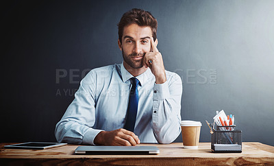 Buy stock photo Businessman, portrait and corporate at desk with wall background as insurance broker, confidence or investment. Male person, face and stationery at table or mockup space or about us, startup or loan