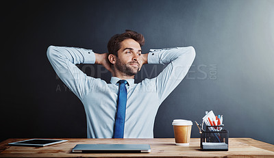 Buy stock photo Thinking, business and man at desk, relax and stretching with break and productivity with easy project. Ideas, happy person and professional with smile and mockup space with resting in modern officce