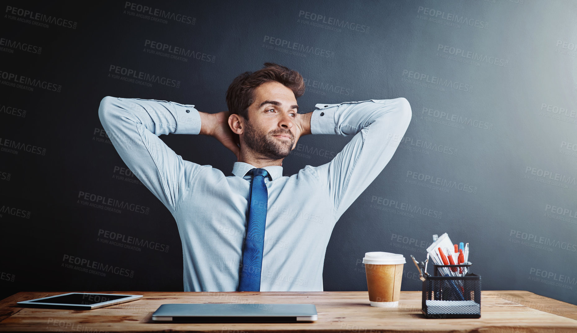 Buy stock photo Thinking, business and man at desk, relax and stretching with break and productivity with easy project. Ideas, happy person and professional with smile and mockup space with resting in modern officce