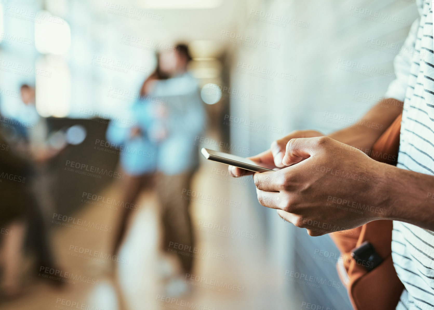 Buy stock photo Phone, hands of student and typing in school for contact, registration and scroll in social media. Person, tech and app in hallway for online mobile game, instant messaging and check class schedule