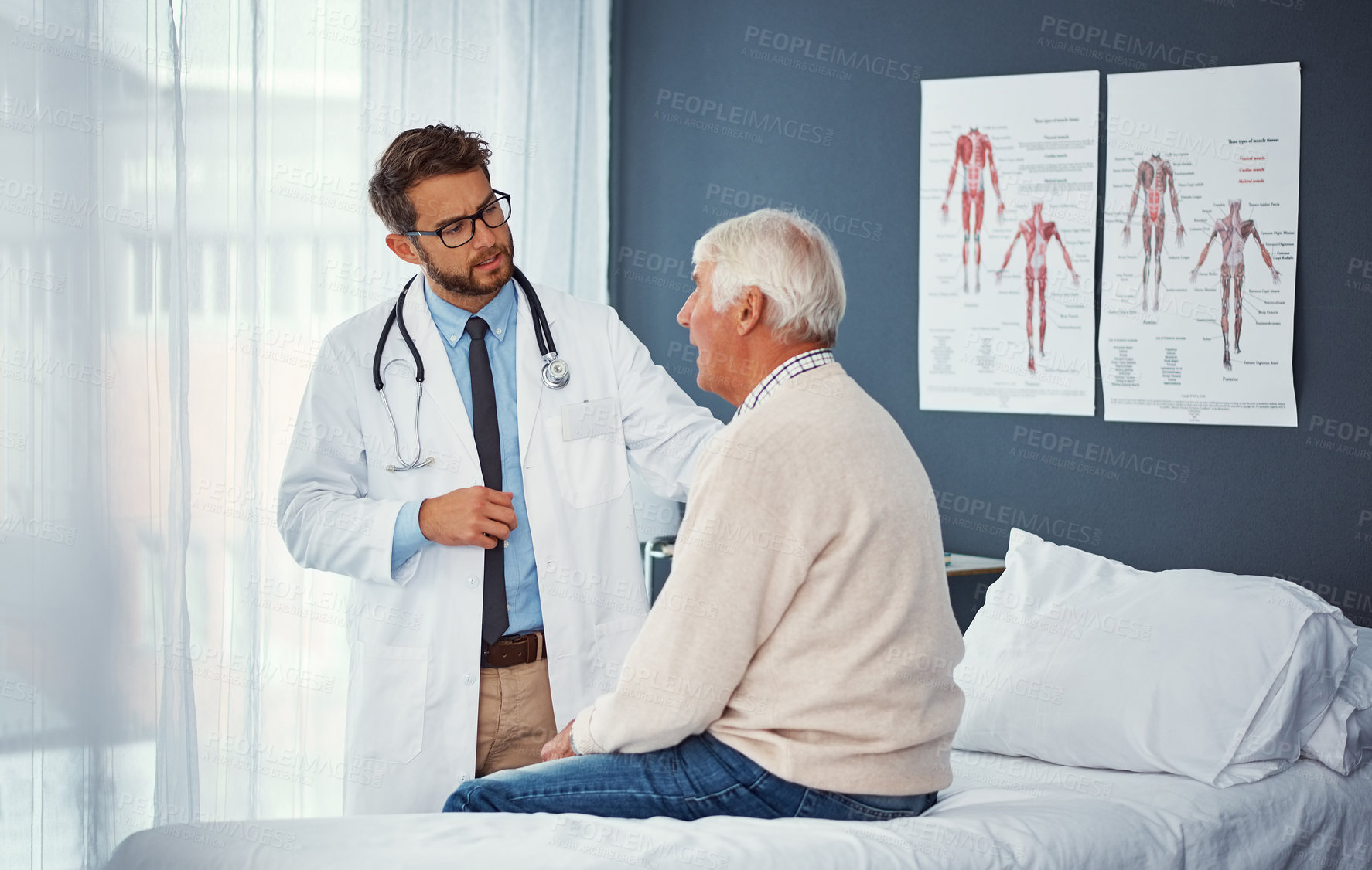 Buy stock photo Medical, old man or doctor in clinic with checkup, specialist advice or assessment in retirement. Space, elderly person or gp with consultation, patient review or help in healthcare appointment.