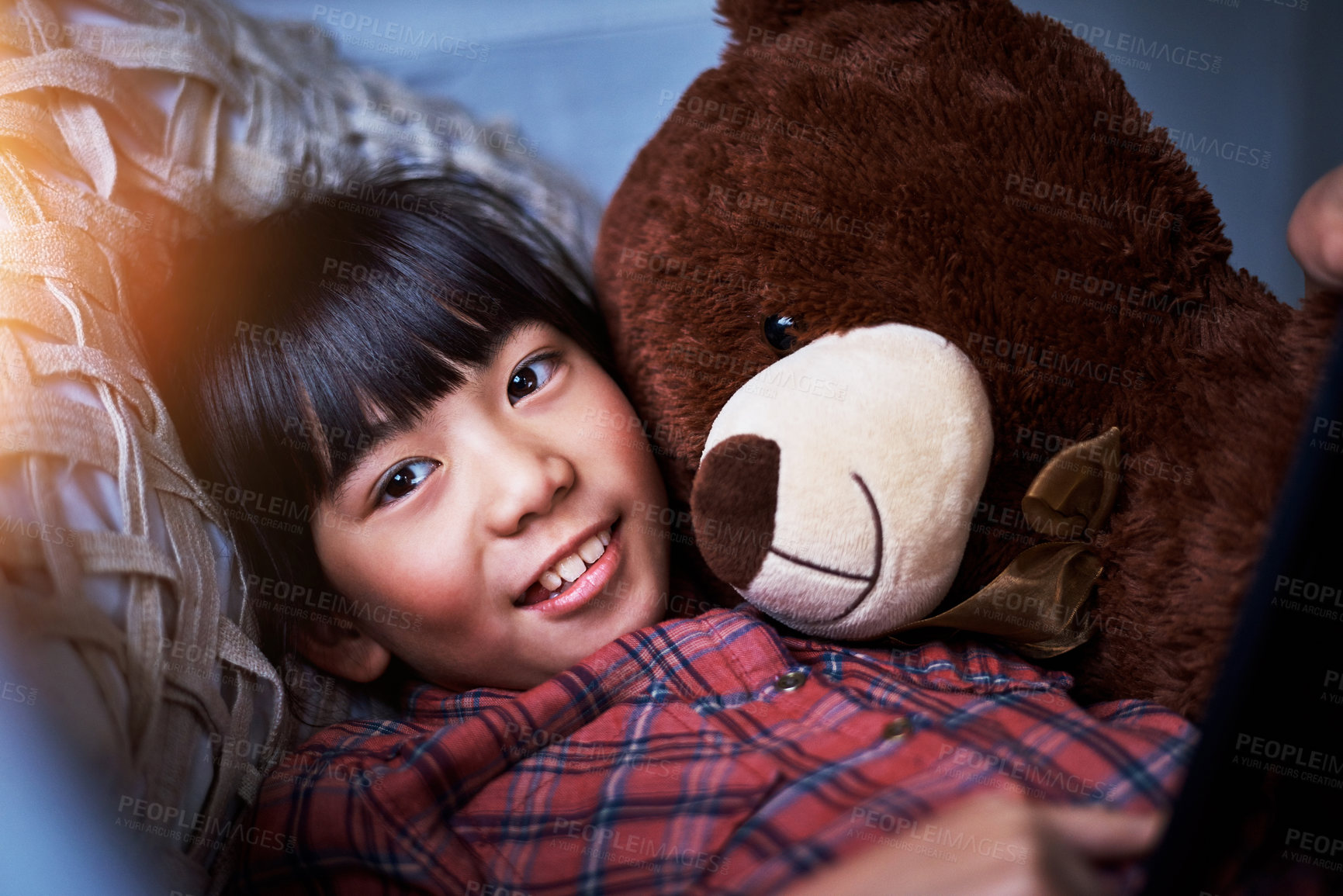 Buy stock photo Tablet, teddy bear and portrait of child in home for relax with smile, game and adorable. Stuffed animal, technology and cute Asian girl in bedroom with online app, toy and happy kid in Korea