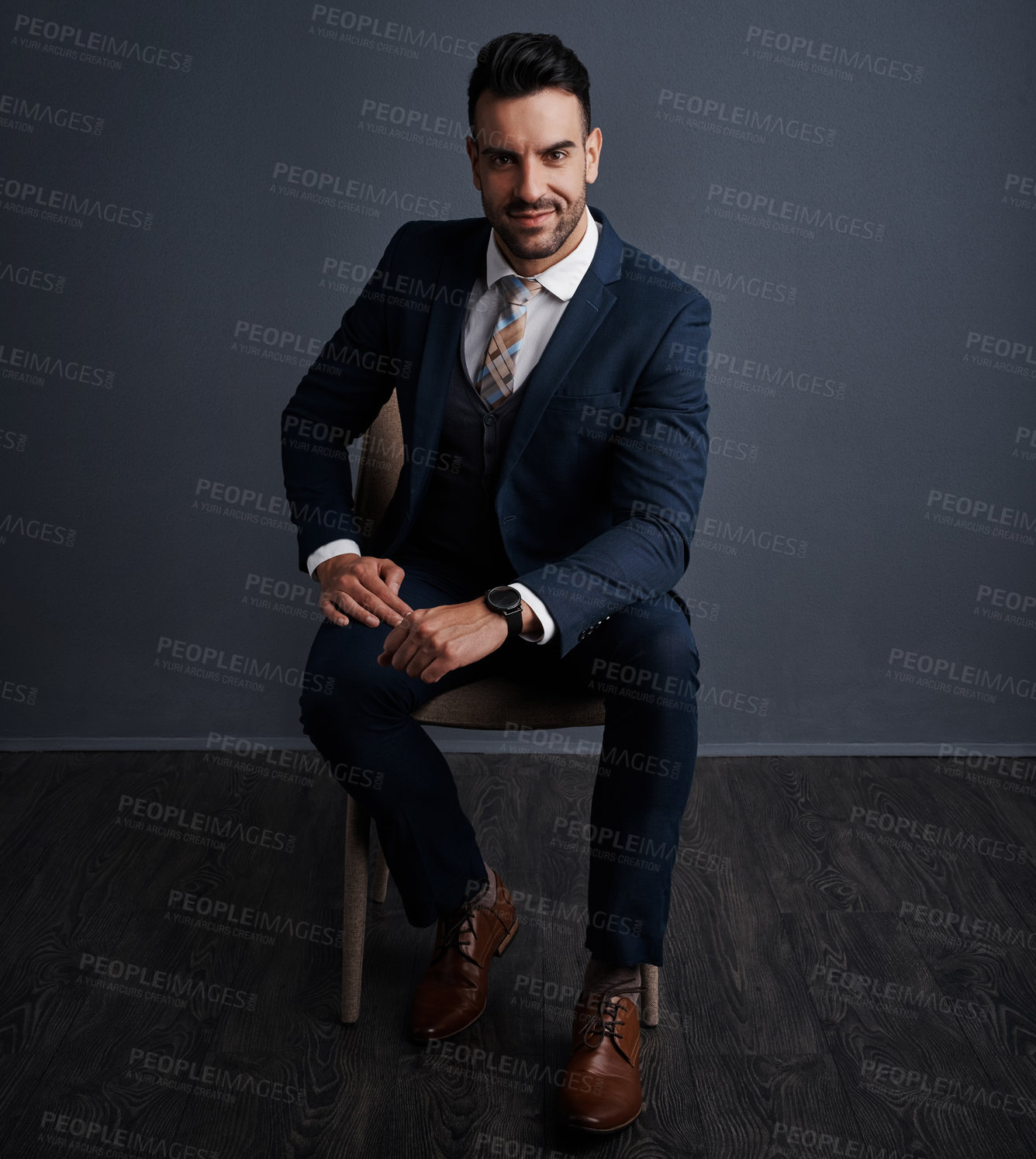 Buy stock photo Smile, space and portrait of businessman by wall with confidence for finance career growth. Happy, professional and male financial manager on chair with pride for job development with opportunity.