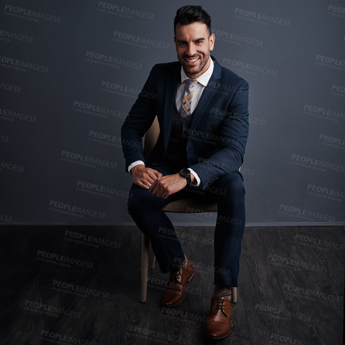 Buy stock photo Portrait, business and man with chair in studio for career pride, about us and accountant. Mockup space, male person and corporate ambition with confidence, financial consultant and gray background