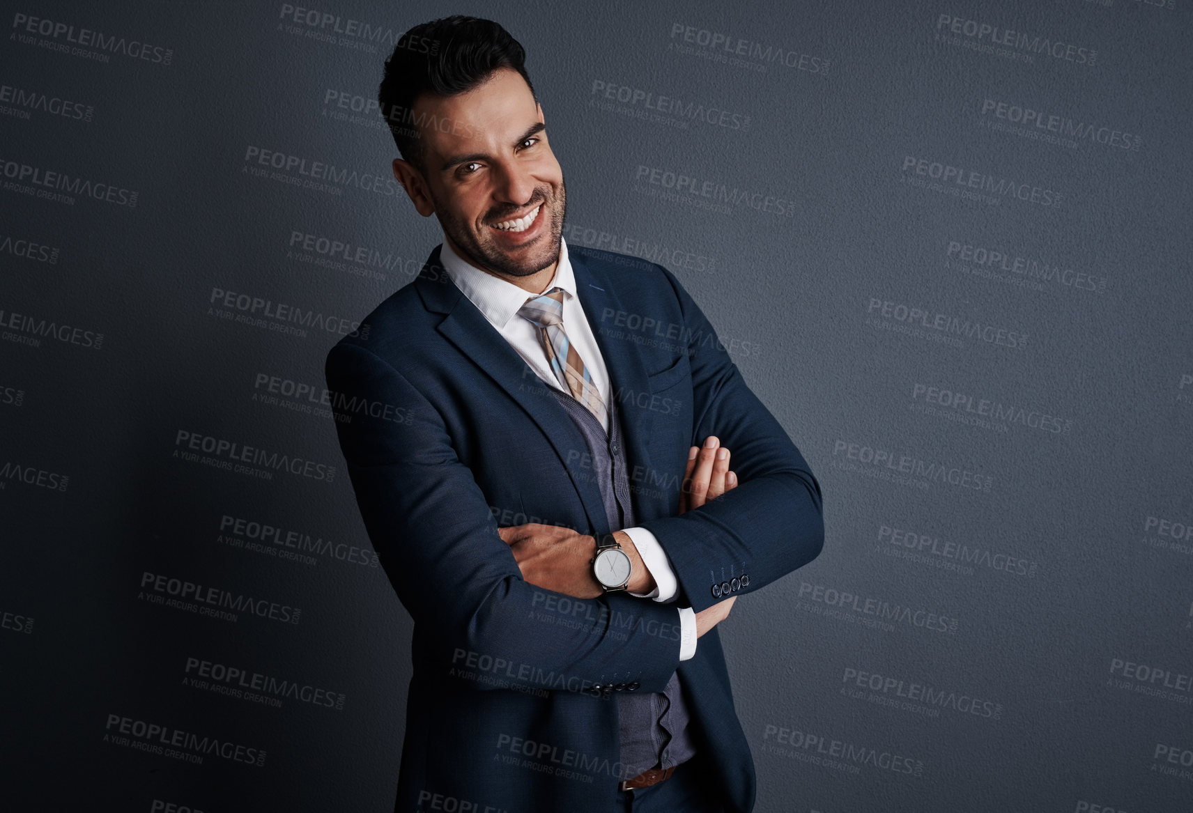 Buy stock photo Smile, business and man with arms crossed in studio for career pride, about us and accountant. Mockup space, male person and corporate ambition with portrait, financial consultant and gray background