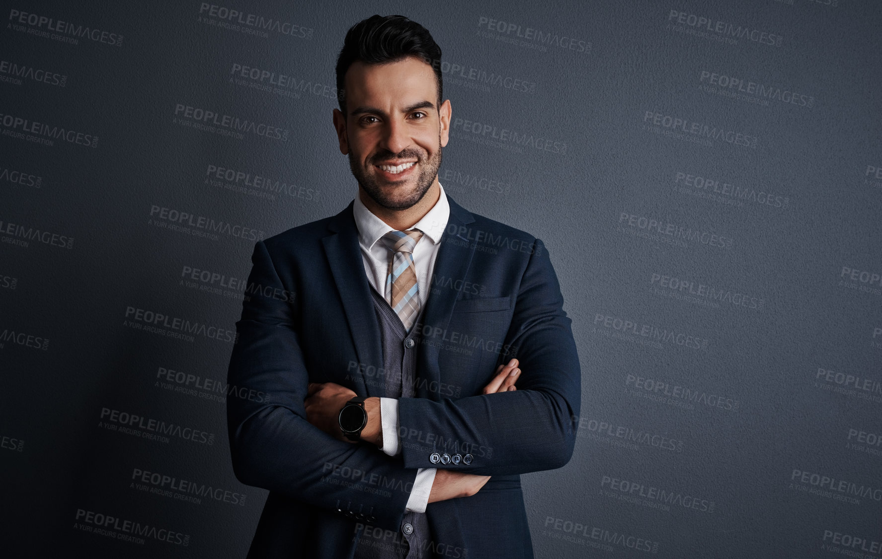 Buy stock photo Portrait, business and man with arms crossed in studio for career pride, about us and accountant. Mockup space, male person and corporate ambition with smile, financial consultant and gray background