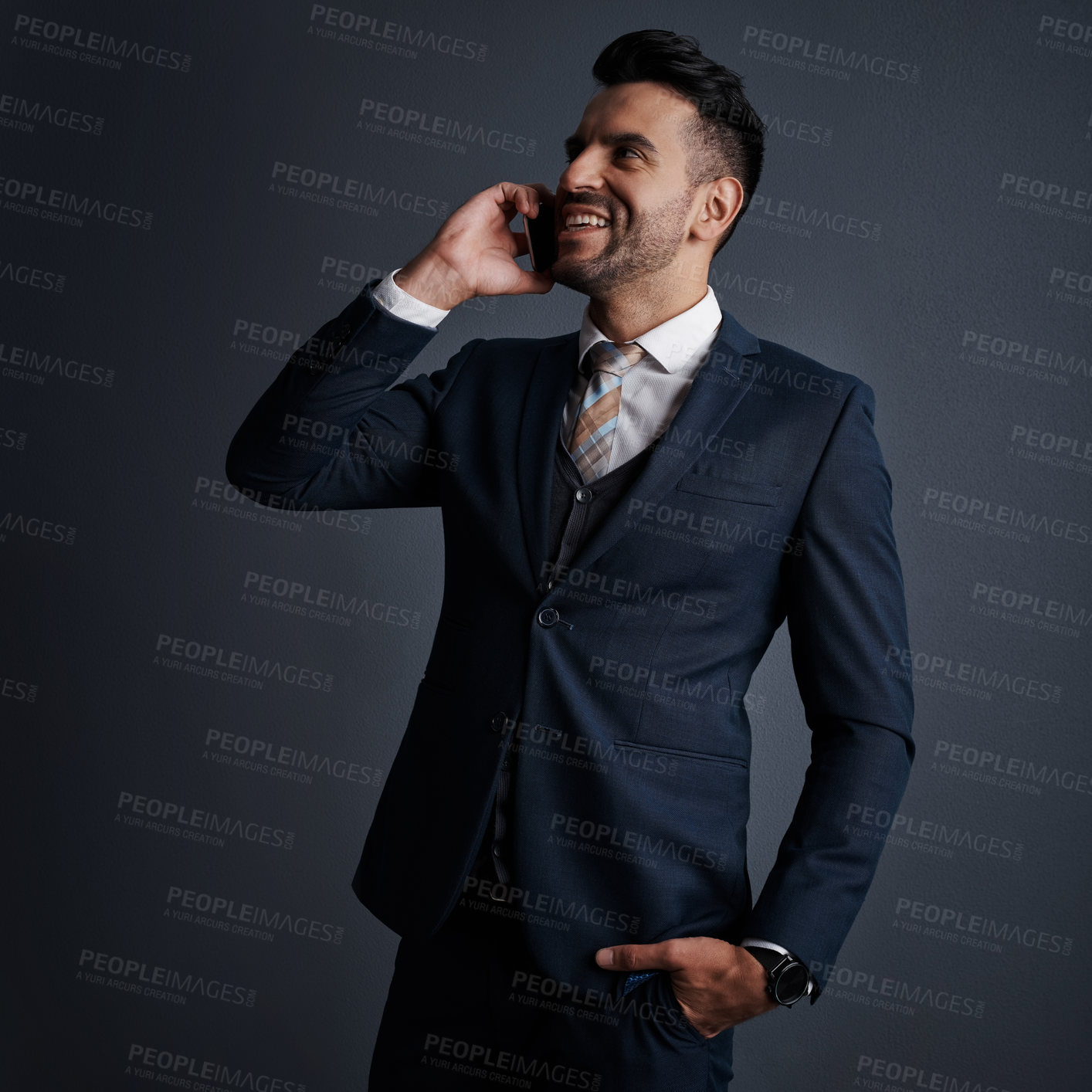 Buy stock photo Talk, business man and phone call in studio for insurance offer, deal or corporate negotiation. Mobile, communication or happy broker listen to contact for policy premium, advice and dark background