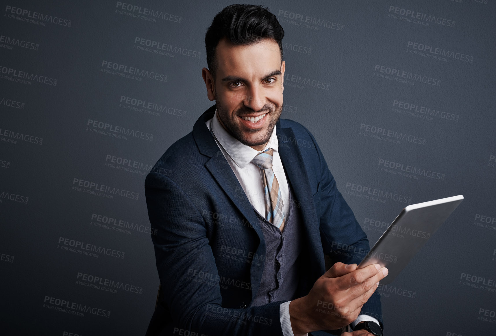 Buy stock photo Businessman, smile and portrait with tablet in studio, investment planning or market trend research. Suit, asset management and financial advisor with tech for forecasting, space and dark background