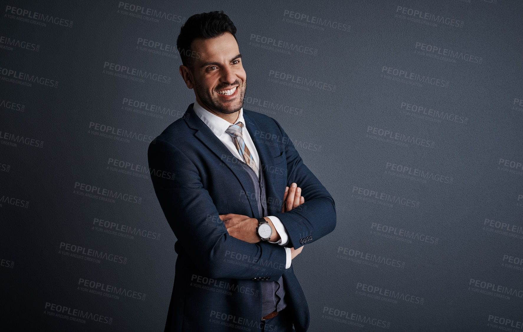 Buy stock photo Smile, arms crossed and business man in studio as investment banker, pride and happy. Portfolio manager, corporate and professional with male person on dark background for advisor opportunity