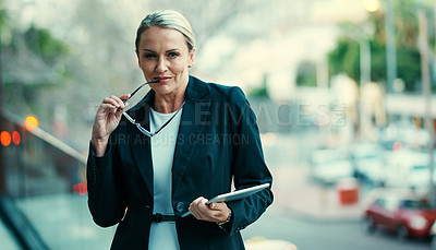 Buy stock photo Woman, tablet and realtor with smile on balcony at office for notes, glasses or property investing at company. Mature person, broker and agent in portrait, tech and app for real estate in Portugal