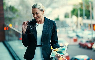 Buy stock photo Portrait, glasses and woman in city, business and lawyer with journey, confidence and tablet. Mature person, legal aid and attorney in street, connection and eyewear for clear vision and professional