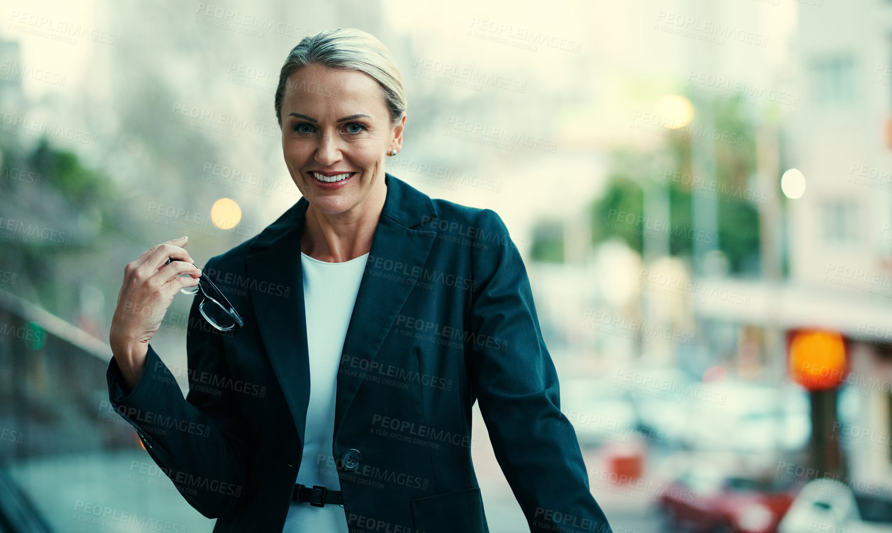 Buy stock photo Portrait, employee and woman with smile, balcony and attorney with career growth, space and outdoor. City, law firm and mature person with pride for business development and happy for case in USA