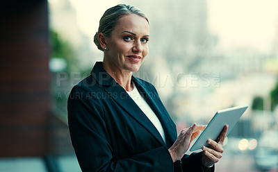 Buy stock photo Business woman, portrait and tablet for realtor, research and about us on balcony. Mature real estate agent, property management and tech in office for development, confidence or administration