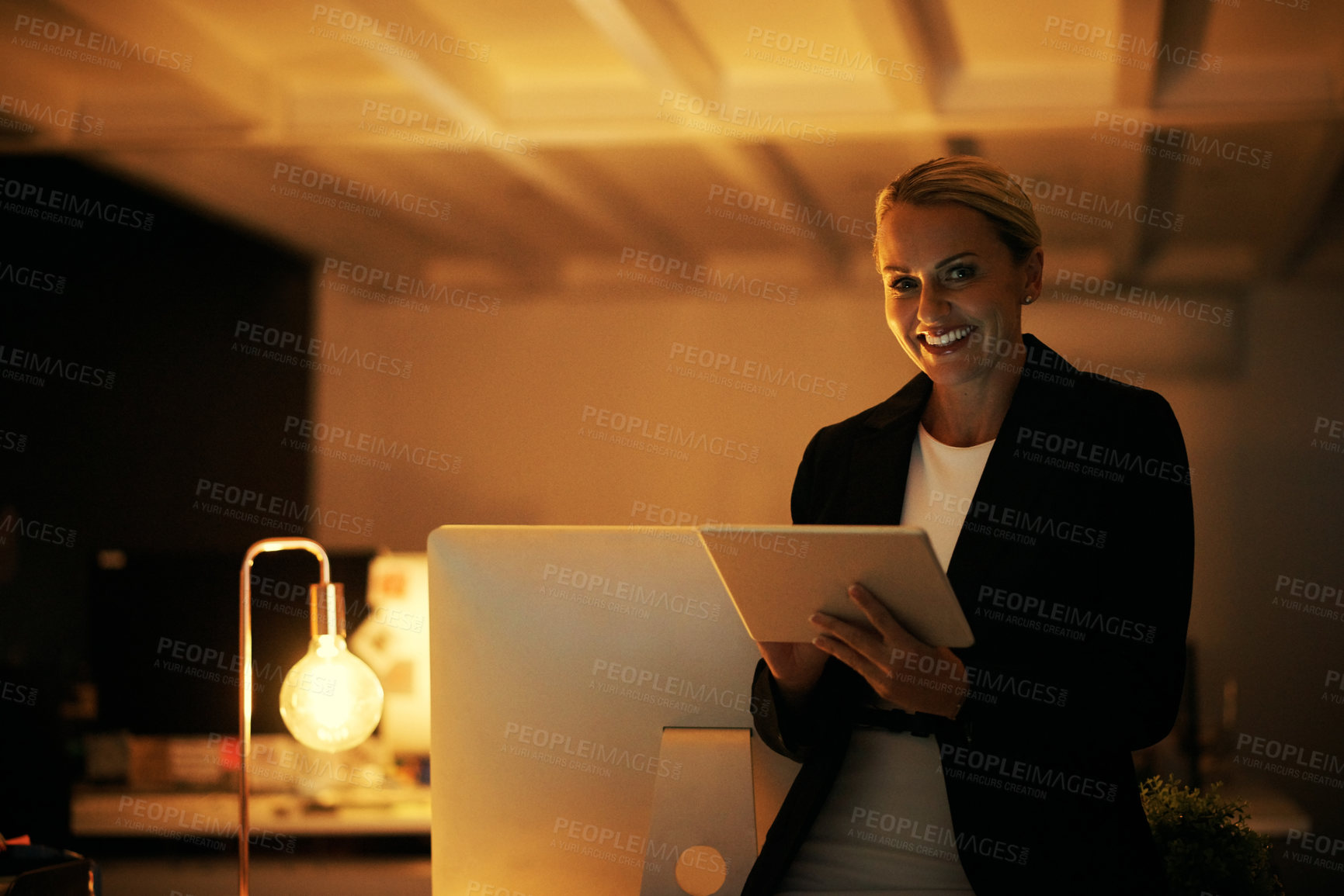 Buy stock photo Portrait, woman and tablet in office at night for lawyer career, about us and case preparation. Smile, mature attorney and tech for legal research, review evidence and overtime with witness statement