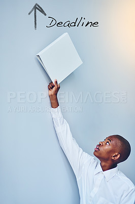 Buy stock photo Education, school and African student with with folder pass for time management, deadline or project submission. Learning, future and gen z male with homework file, assignment or academic research