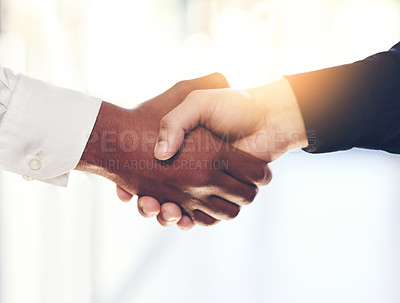 Buy stock photo Business people, handshake and meeting with partnership for agreement, b2b or deal together at office. Closeup of employees or colleagues shaking hands for teamwork, unity or thank you at workplace