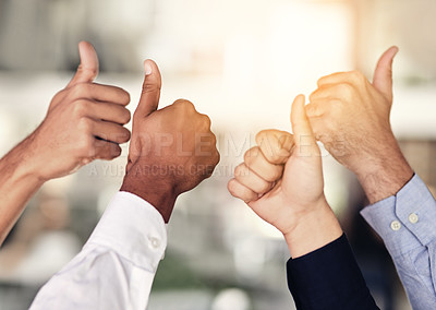 Buy stock photo Business people, diversity and hands with thumbs up for good job, well done or winning at office. Closeup of group or employees with like emoji, yes sign or ok for unity, teamwork or success together