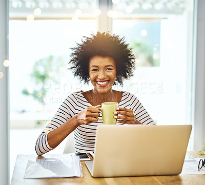 Buy stock photo Woman, happy and portrait for remote work on laptop with paperwork, coffee and information for project as developer. Smile, female person and notebook, email and schedule for company proposal