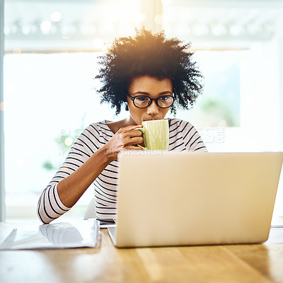 Buy stock photo Drink, laptop and black woman for remote work, coffee and copywriting on desk, documents and paperwork. Morning, employee and person with computer, typing and research for website of blog in home