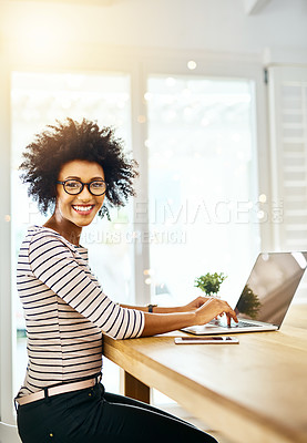 Buy stock photo African woman, pride and portrait with glasses, laptop and cellphone in apartment for planning and email. Smile, face and online course for learning, reading and social media for work from home 