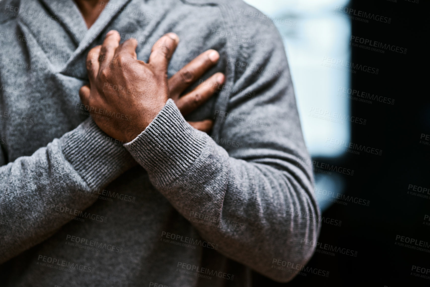 Buy stock photo Hands on chest, heart attack and sick black man with medical emergency on mockup. Pain, cardiology and senior male person with cardiac arrest, heartburn or stroke, breathing problem and health risk.