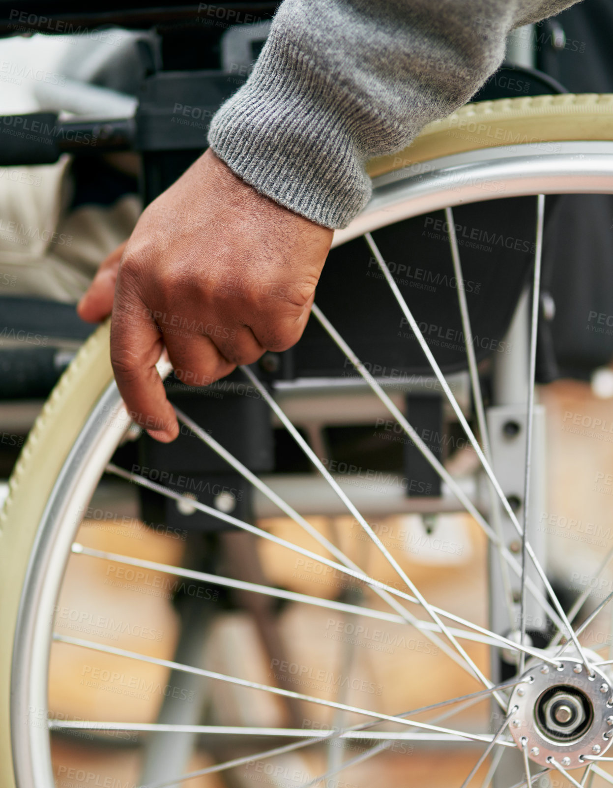 Buy stock photo Senior patient, hand and wheelchair for mobility with injury, arthritis and illness on retirement. Closeup, pensioner and person with a disability with pushing for recovery, rehabilitation or medical