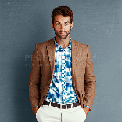 Buy stock photo Business, style and portrait of man with pride, creative career and professional in studio. Relax, trendy fashion and businessman on grey background with confidence, opportunity and designer clothes