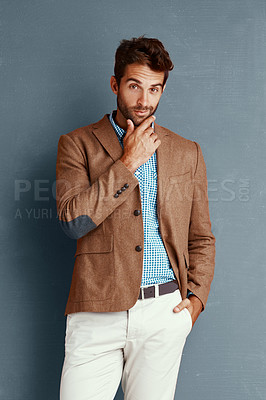 Buy stock photo Fashion, style and portrait of man with confidence, creative career and professional in studio. Relax, trendy clothes and proud businessman, director or designer on grey background with opportunity