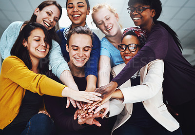 Buy stock photo Teamwork, support and people hands stacked for collaboration, target or team building, solidarity and diversity group. Circle, happy and business women and men with together sign and startup mission