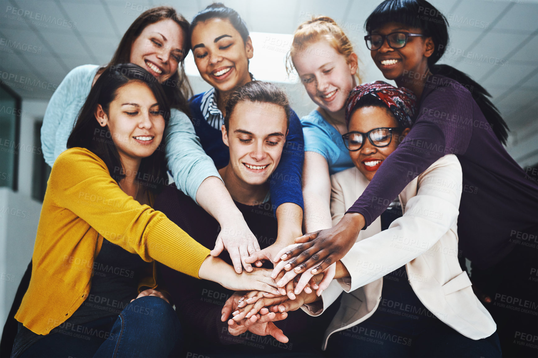 Buy stock photo Teamwork, collaboration and people hands stacked for support, target or team building, solidarity and diversity group. Circle, happy and business women and men with together sign and startup mission