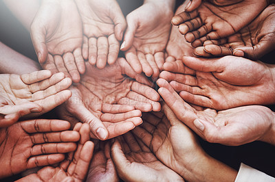 Buy stock photo Open hands, group and together with community, solidarity and support. Trust, teamwork and charity hands gesture with people and collaboration with crowd show palm and society union and commitment