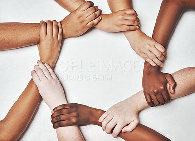 Buy stock photo People, integration and hands together isolated on a white background in solidarity, support and diversity collaboration. Circle, strong and community power of women and men in synergy sign in studio